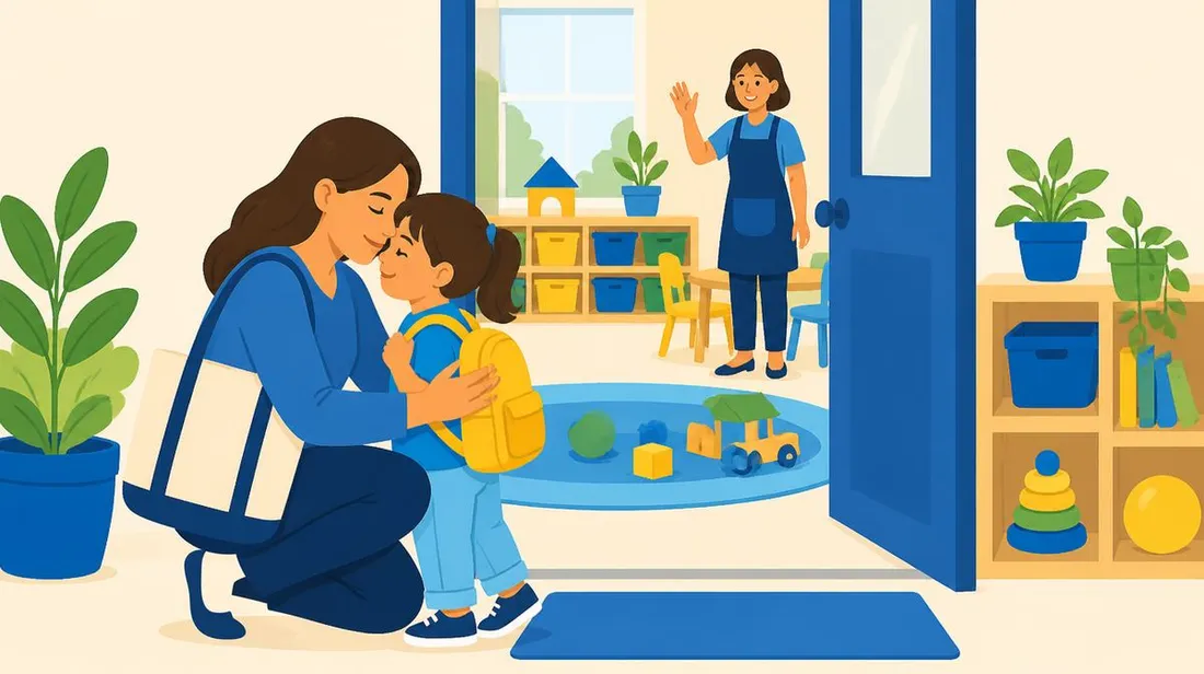 Ilustração de uma mãe abraçando a filha na porta da sala, com a professora acenando lá dentro