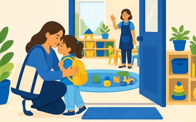 Ilustração de uma mãe abraçando a filha na porta da sala, com a professora acenando lá dentro