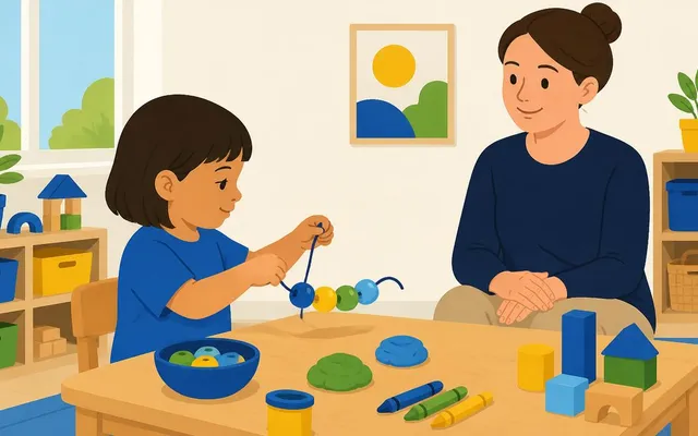 Ilustração de uma criança passando miçangas num cordão, com a professora sorrindo ao lado