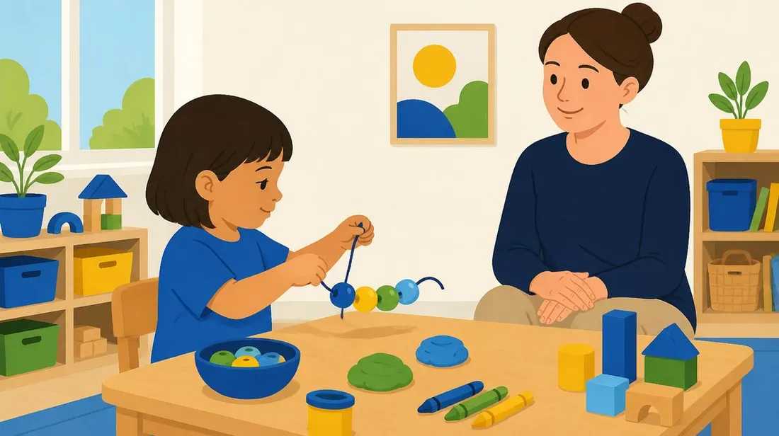 Ilustração de uma criança passando miçangas num cordão, com a professora sorrindo ao lado