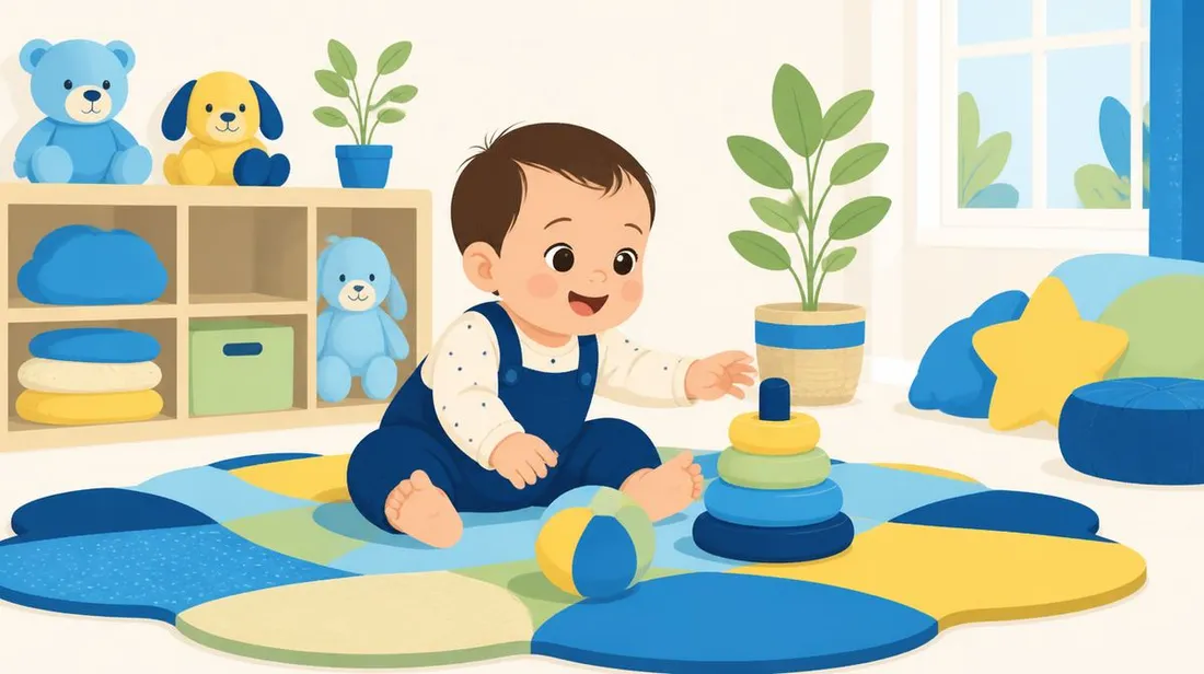 Ilustração de um bebê sorrindo num tapete colorido, brincando com argolas de empilhar