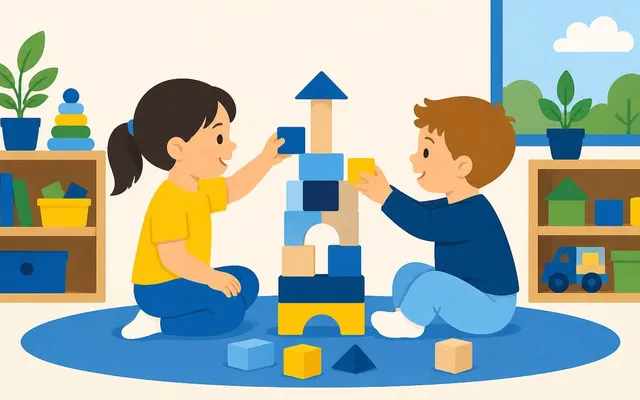 Ilustração de duas crianças montando juntas uma torre de blocos no tapete da sala