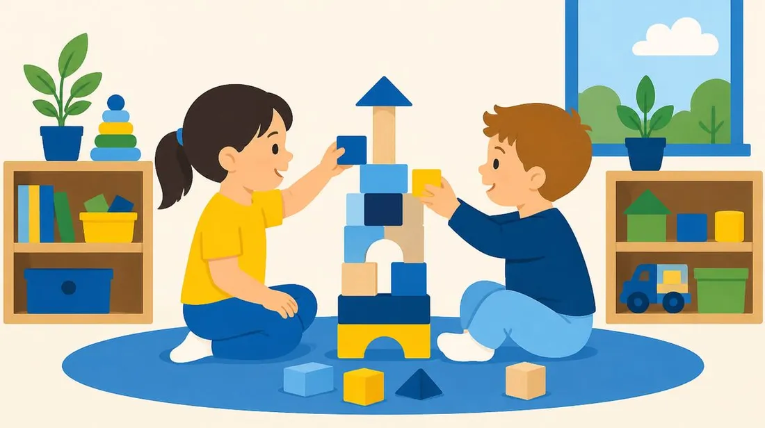 Ilustração de duas crianças montando juntas uma torre de blocos no tapete da sala