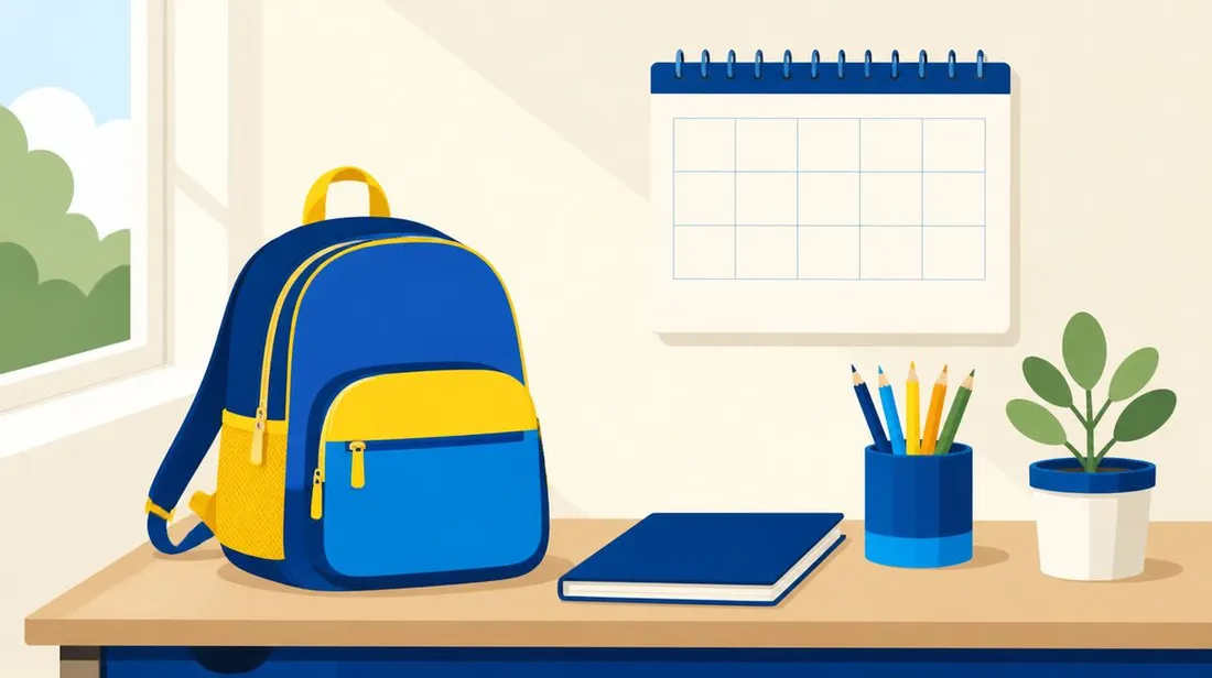 Ilustração de uma mochila escolar sobre a mesa, ao lado de caderno, lápis e um calendário