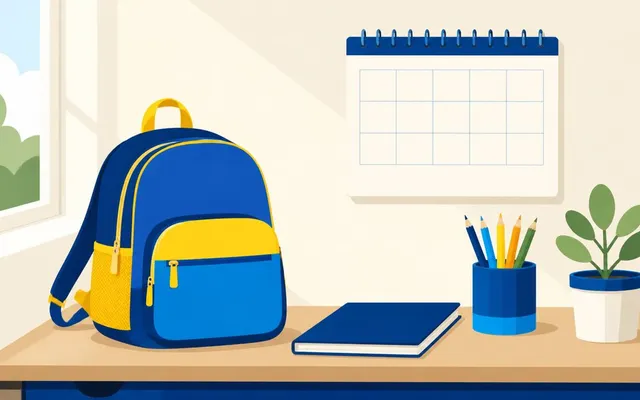 Ilustração de uma mochila escolar sobre a mesa, ao lado de caderno, lápis e um calendário